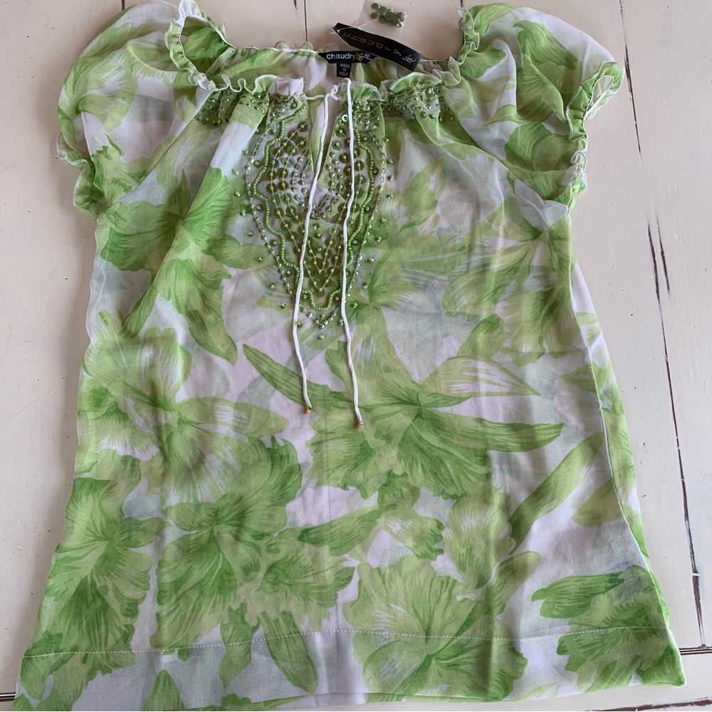 NWT Raga Beaded Short Puff Sleeve Tee - Size Medium Tie Front Green Tunic Top - Picture 6 of 9
